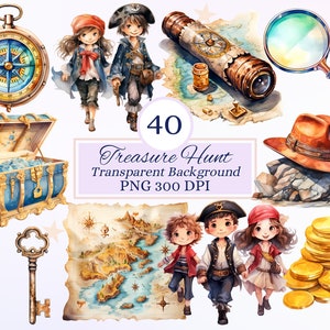 Cliparts chasse au trésor pour projets créatifs, éléments d'aventurier, jeu de pirate, activité pour enfants, scrapbooking, sublimation, éphémère, SVG PNG