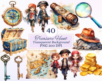 Skattjakt Clipart för kreativa projekt, äventyrarelement, piratspel, barnaktivitet, scrapbooking, sublimering, efemera, SVG PNG