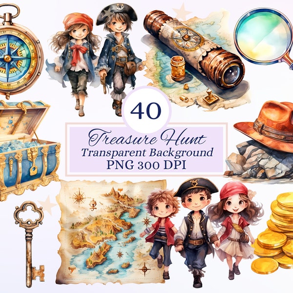 Treasure Hunt Cliparts for Creative Projetcs, Adventurer Elements, Pirate Game, Kids Activity, Scrapbooking, Sublimation, Ephemera, SVG PNG