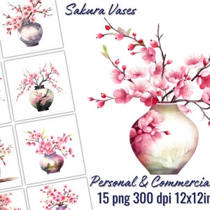 Watercolor Sakura Vase Clipart - Cherry Blossoms - Spring - Flower Graphics - Digital Download - Printable - Commercial Use - Clipart Bundle