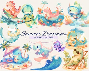 May include: A set of 35 digital illustrations of cute cartoon dinosaurs enjoying summer activities. The dinosaurs are wearing sunglasses, swimming, surfing, and relaxing on beach chairs. The illustrations are in a watercolor style and are perfect for creating fun and whimsical designs.