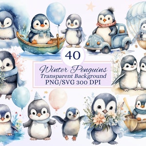 Pingüinos de invierno caprichosos para proyectos creativos, animales navideños de invierno imprimibles, efímeras digitales, arte infantil, scrapbooking, sublimación