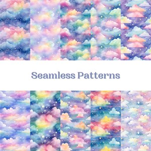 May include: A set of 8 seamless patterns featuring watercolor clouds in shades of pink, blue, and yellow with white stars on a purple background. The patterns are perfect for creating digital or printed designs.