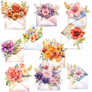 May include: Nine watercolour illustrations of floral bouquets inside envelopes. The envelopes are in various shades of blue, pink, and white. The bouquets are made up of roses, lilies, poppies, and other flowers in shades of pink, red, orange, yellow, purple, and white.