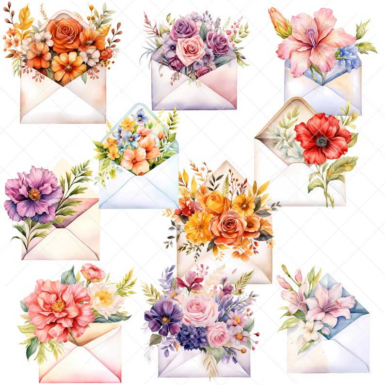 May include: Nine watercolour illustrations of floral bouquets inside envelopes. The envelopes are in various shades of blue, pink, and white. The bouquets are made up of roses, lilies, poppies, and other flowers in shades of pink, red, orange, yellow, purple, and white.