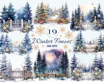 Winter Fences Clipart Set for Creative Project, Christmas Designs Winter, Digital Ephemera Sublimation Scrapbooking Mixed Media Junk Journal