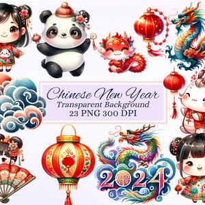 Lot de cliparts nouvel an chinois pour projet créatif, nouvel an lunaire, zodiaque dragon, fabrication de cartes, scrapbooking, sublimation, éphémère, PNG