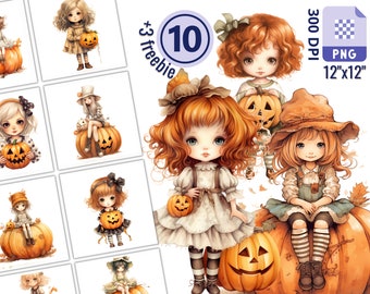 May include: Ten digital illustrations of cute girls in fall outfits with pumpkins. The girls are wearing dresses, hats, and boots. The pumpkins are orange and have jack-o'-lantern faces. The illustrations are in PNG format and are 12 inches by 12 inches.