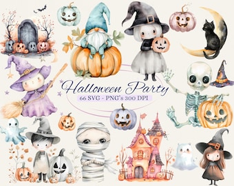 May include: A set of 66 Halloween party graphics, including a witch, a skeleton, a mummy, a ghost, a pumpkin, a gnome, a haunted house, and a cat. The graphics are in watercolor style and are perfect for creating invitations, cards, and other party decorations.