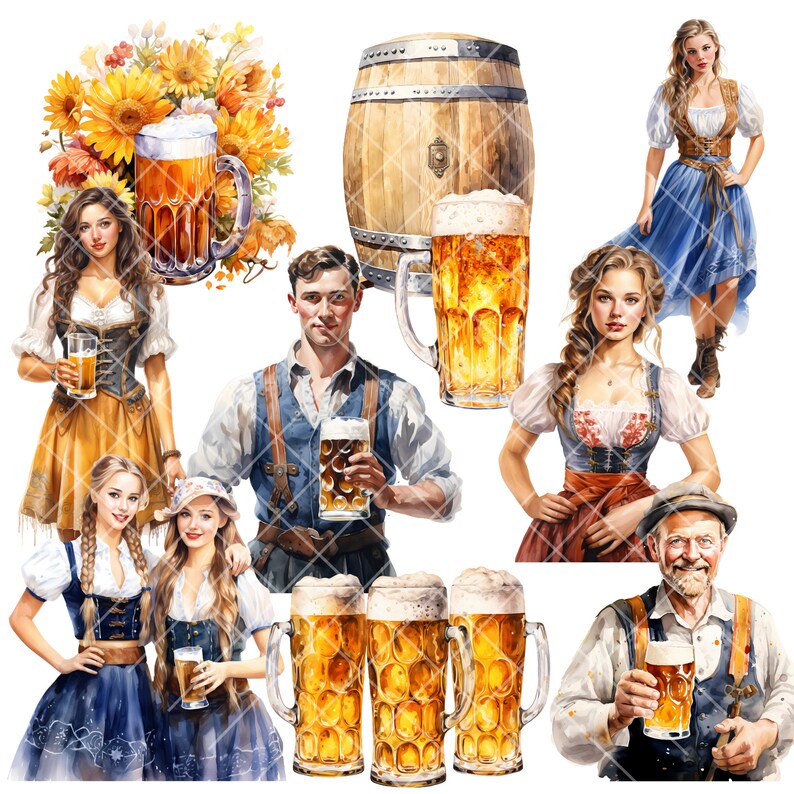 May include: A watercolor illustration of a group of people in traditional German clothing holding beer steins. The illustration also features a wooden barrel and sunflowers.