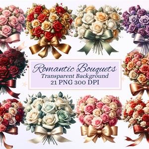 Conjunto de imágenes prediseñadas de ramos románticos para proyectos creativos, gráficos de San Valentín, flores, creación de tarjetas, scrapbooking, sublimación, efímeras, PNG