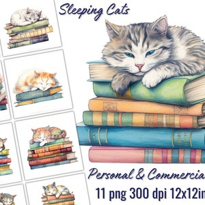 Imágenes prediseñadas de gatos durmiendo sobre libros para proyectos creativos, 11 PNG, adorables gráficos de gatos de ensueño, fondo transparente, scrapbooking, collage