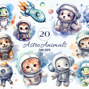 Astro Tiere Clipart-Set für kreative Projekte, niedliche Weltraumforscher, Kinderzimmerdekor, Babyparty-Grafik, die Sublimationskarte herstellt, Mix Media