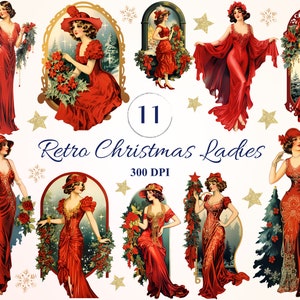 Retro Weihnachtsdamen Clipart-Set für kreative Projekte, Vintage Winter Festive Design, digitale Ephemera Sublimation Scrapbooking Mix Media
