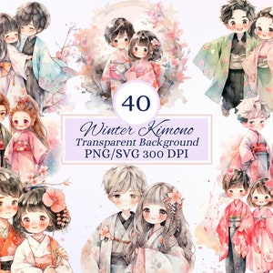 Winter Kimono Clipart Set für kreative Projekte, Weihnachtsdesign, Japanase Paar, Anime Manga Dekoration, Aquarell Illustration, PNG SVG