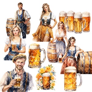 May include: A watercolor illustration of a group of people in traditional German clothing holding mugs of beer. There are also barrels of beer and flowers in the image.