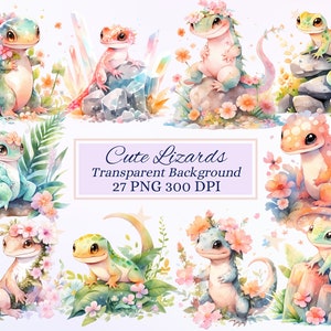 Ensemble de cliparts lézards mignons pour projet créatif, graphisme animalier, art mural pour chambre d'enfant, fabrication de cartes, scrapbooking, sublimation, éphémères, PNG