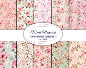 May include: A digital paper pack with 30 seamless patterns featuring pink watercolor flowers. The patterns are perfect for scrapbooking, card making, and other crafting projects.