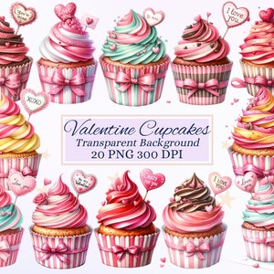 Paquete de imágenes prediseñadas de cupcakes de San Valentín para proyectos creativos, gráficos de San Valentín, creación de tarjetas, scrapbooking, sublimación, efímeras, PNG