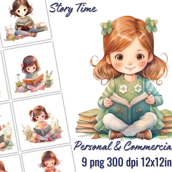 Watercolor Adorable Girl Reading a Book Watercolor Clipart Set, 9 PNG, Transparent Background, Bookworm Graphics, Card Making, Scrapbooking