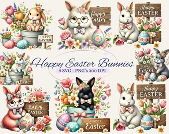 May include: Nine digital illustrations of Easter bunnies with floral arrangements and Easter eggs. The bunnies are wearing bow ties and some have flowers in their ears. The text "Happy Easter Bunnies" is displayed in the center of the image.