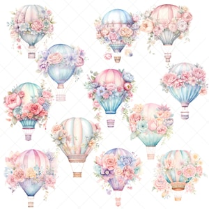 May include: A watercolor illustration of 10 hot air balloons with floral arrangements. The balloons are in various colors, including pink, blue, and green. The flowers are in shades of pink, white, and yellow.
