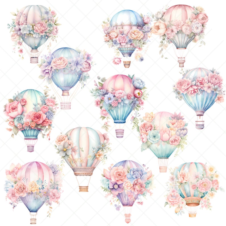 May include: A watercolor illustration of 10 hot air balloons with floral arrangements. The balloons are in various colors, including pink, blue, and green. The flowers are in shades of pink, white, and yellow.
