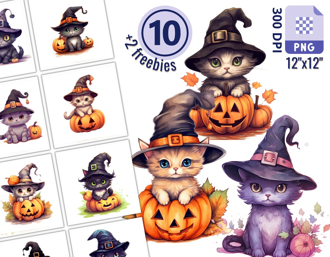 Watercolor Halloween Cat Clipart Set for Creative Projects, Spooky Cats ...