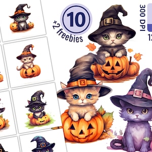 Watercolor Halloween Cat Clipart Set for Creative Projects, Spooky Cats, Pumpkin, Jack O Lantern, Card Making, Paper Crafts, Scrapbooking