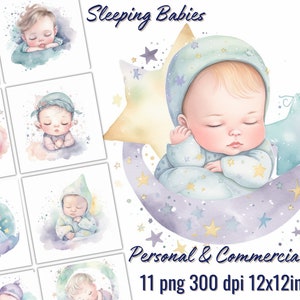Adorable Sleeping Babies Clipart Set, 11 PNG,  Baby Shower Bundle, Sweeat Pastel Tones, Background Included, Nursery Decor, Commercial Use