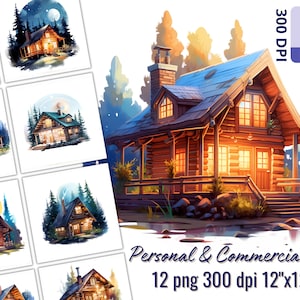Rustikales Blockhaus Clipart-Set für kreative Projekte, 12 PNG, Wald entkommen, transparenter Hintergrund, Geschenkherstellung, Scrapbooking, Sublimation