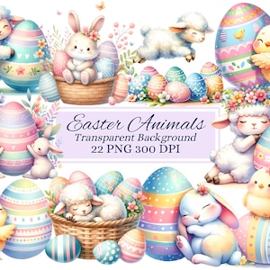 Set di clipart di animali pasquali per progetti creativi, grafica di animali carini, creazione di biglietti, scrapbooking, sublimazione, effimeri, adesivi, PNG