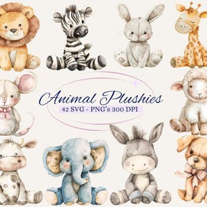 Lindos peluches de animales para proyectos creativos, arte infantil en acuarela, invitación para baby shower, decoración de animales bebés, manualidades de papel, PNG y SVG