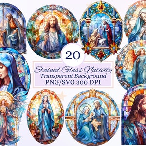 Set di clipart di vetrate raffiguranti la Natività per progetti creativi, design natalizio invernale, angeli bambini in formato SVG, illustrazione ad acquerello di Maria Vergine, Gesù in formato PNG