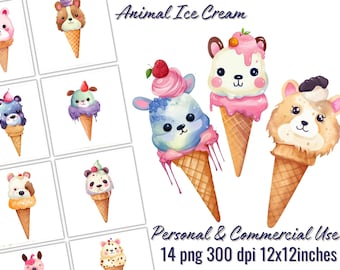 Cute Animal Ice Cream Clipart - Sticker Friendly - Dessert - Food - Summer - Kawaii - Pastel - Watercolor - Digital - Printable - Bundle 30