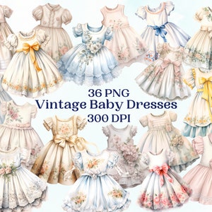 Vintage babyjurk clipartset voor creatieve projecten, rococostijl, transparante achtergrond, collage, kaarten maken, scrapbooking, gratis licentie