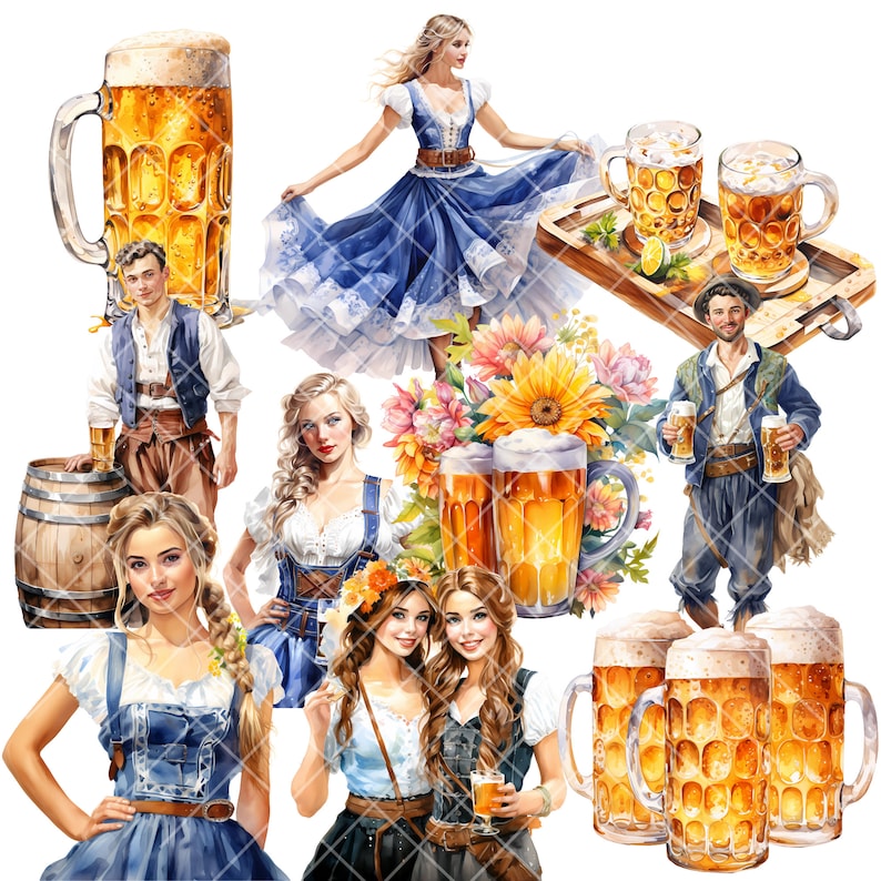 May include: A watercolor illustration of a group of people in traditional German clothing, holding mugs of beer. There are also flowers, a barrel, and a tray with a lemon and a glass of beer.