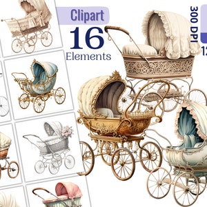 Vintage Kinderwagen Clipart-Set für kreative Projekte, Junk Journal Printable, Scrapbooking, Collage, Sublimation, Kartenherstellung, Ephemera
