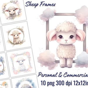 Set di clipart con cornici di pecore adorabili, adorabile pecorella, 10 PNG, sfondo trasparente, decorazioni per la cameretta dei bambini, baby shower, inviti, creazione di biglietti