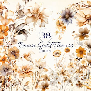 Bruingouden bloemset voor creatief project, Golden Meadow-ontwerpen, digitale ephemera, DIY, kaarten maken, scrapbooking, benodigdheden voor ongewenste tijdschriften