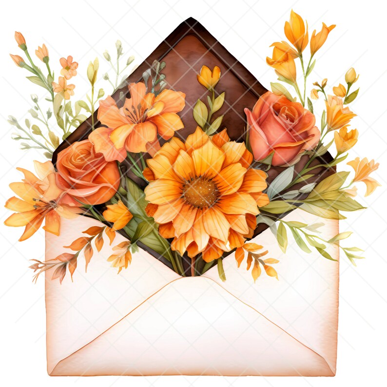 May include: A watercolour painting of a brown envelope overflowing with a bouquet of orange, yellow, and red flowers. The flowers include sunflowers, roses, and lilies.