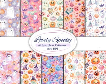 May include: A set of 43 digital seamless patterns featuring cute Halloween characters and elements. The patterns include ghosts, pumpkins, bats, candy, and more. The patterns are perfect for creating Halloween-themed projects, such as invitations, cards, wrapping paper, and fabric.