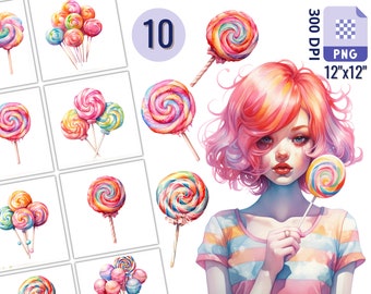 May include: A digital illustration of a girl with pink and purple hair holding a colorful lollipop. The background is white and there are 10 colorful lollipops in the image.