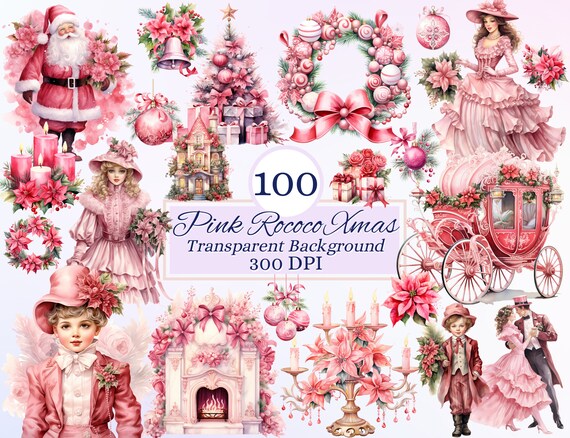 Pink Rococo Xmas Clipart Set for Creative Projects, Romantic Christmas Design, Victorian Winter Graphic,  Watercolor Illustration, Ephemera