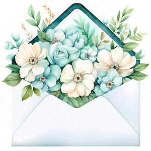 May include: A white envelope with a teal border is filled with a bouquet of white and blue flowers. The flowers are arranged in a cluster and are spilling out of the envelope.