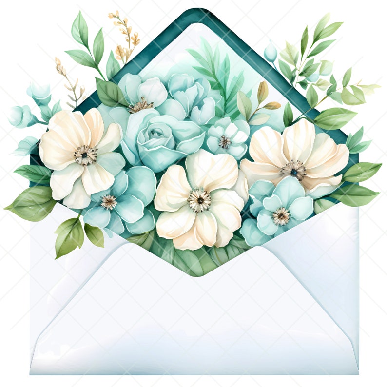 May include: A white envelope with a teal border is filled with a bouquet of white and blue flowers. The flowers are arranged in a cluster and are spilling out of the envelope.