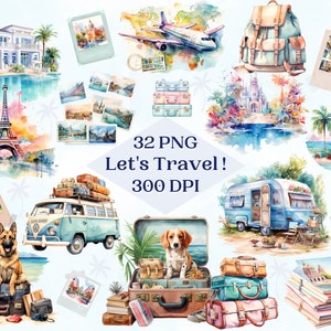 Clipart de acuarela "Vamos a viajar" para proyectos creativos, viajes por carretera, actividades al aire libre, efímeras digitales, creación de tarjetas, sublimación y scrapbooking.