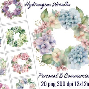 Hortensien Kranz, Clipart Bundle, 20 PNG, Pastell, Aquarell, transparenter Hintergrund, Einladung, Kartenherstellung, digitaler Download, Scrapbooking