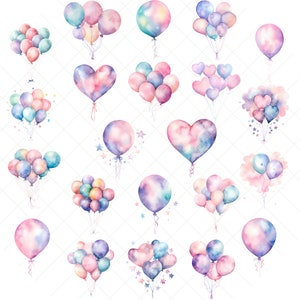 May include: A set of watercolor illustrations of pastel pink, blue, and purple balloons in various shapes, including hearts, circles, and clusters. The balloons have a galaxy-like pattern and are perfect for adding a whimsical touch to any design project.