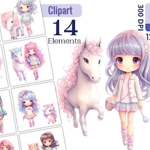 Set di clipart con bambina carina e pony per progetti creativi, colori sognanti, creazione di biglietti, lavori di carta, scrapbooking, effimeri, sublimazione